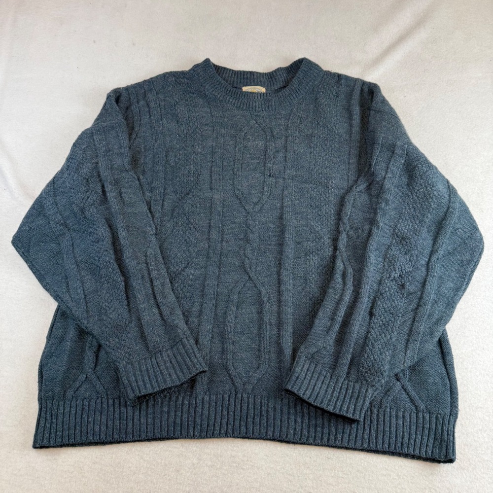 Flatiron Hills Mens Large Blue Gray Cable Knit Crewneck Sweater Textured L